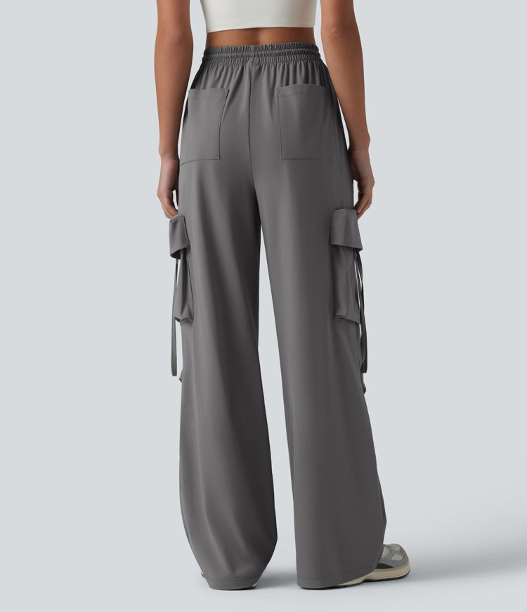 High Waisted Drawstring Quick Dry Cool Touch Workout Straight Leg Cargo Pants with Pockets-UPF40+