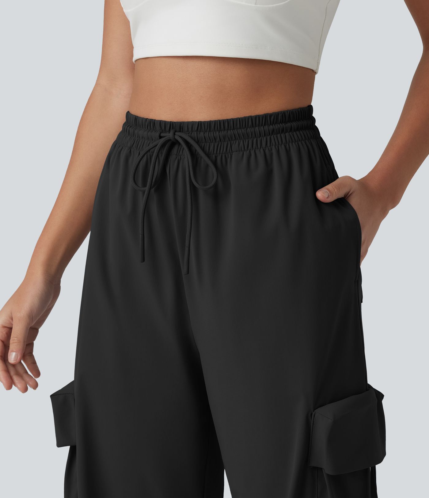 High Waisted Drawstring Quick Dry Cool Touch Workout Straight Leg Cargo Pants with Pockets-UPF40+