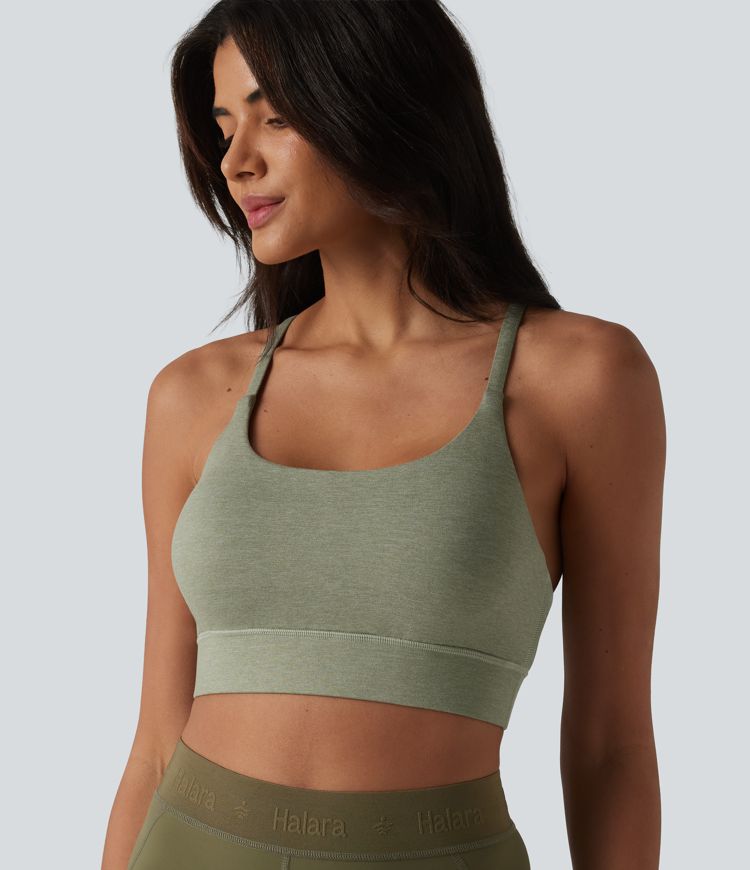 Medium Support Crisscross Backless Built-in Bra Heathered Workout Sports Bra