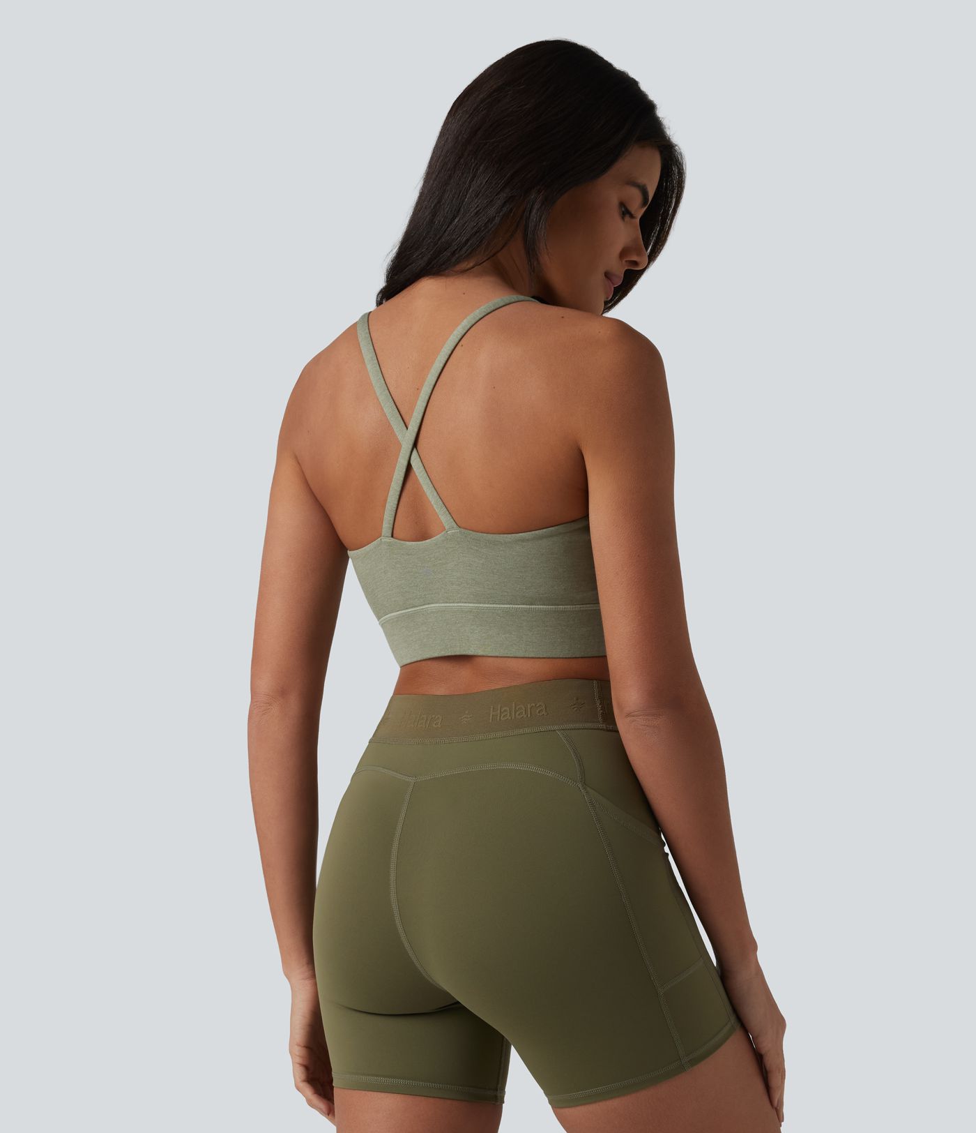 Medium Support Crisscross Backless Built-in Bra Heathered Workout Sports Bra