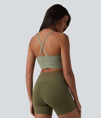 Medium Support Crisscross Backless Built-in Bra Heathered Workout Sports Bra