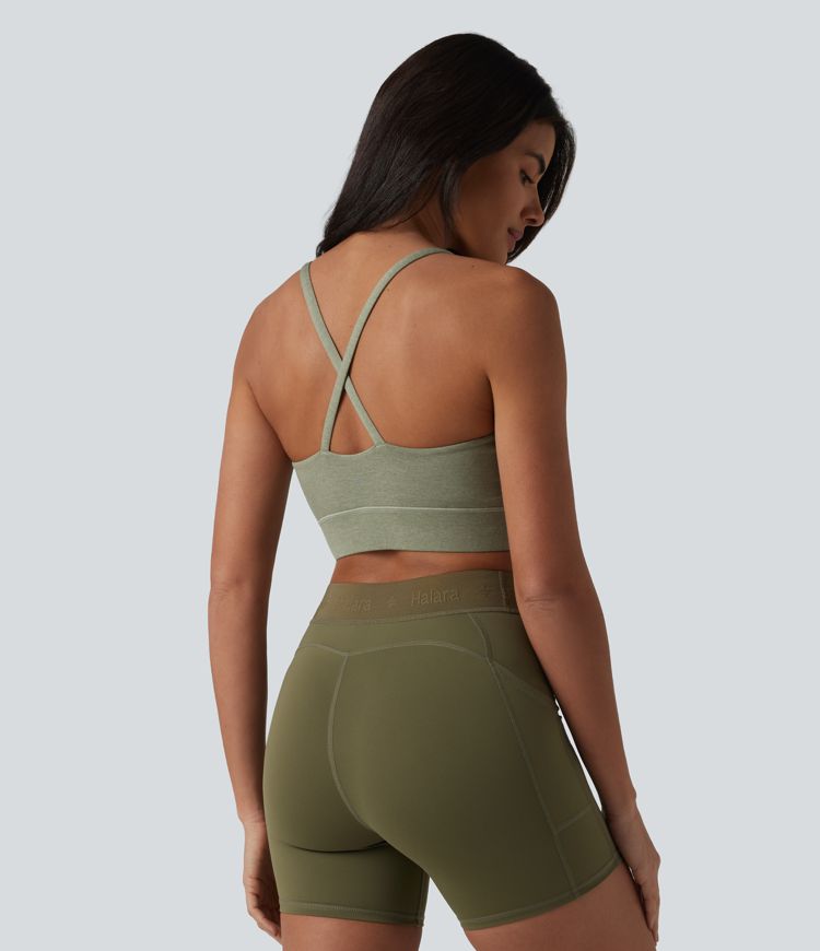 Medium Support Crisscross Backless Built-in Bra Heathered Workout Sports Bra