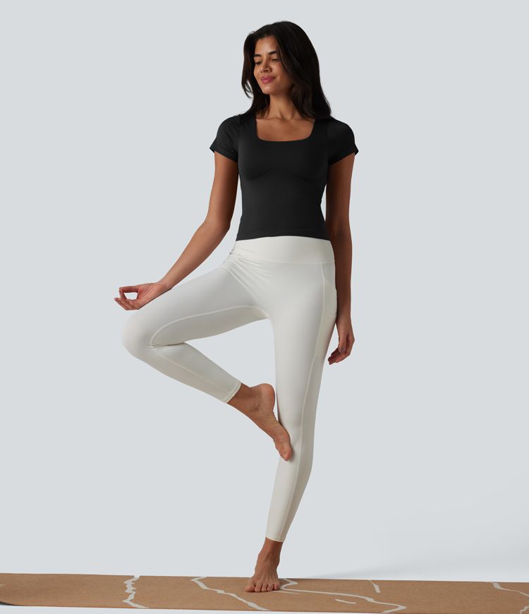 OneForm Seamless Flow Square Neck Short Sleeve Built-in Bra Yoga Sports Top