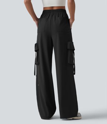 High Waisted Drawstring Quick Dry Cool Touch Workout Straight Leg Cargo Pants with Pockets-UPF40+