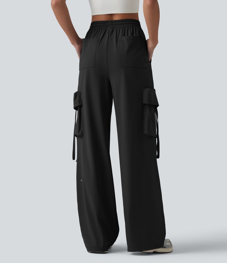 High Waisted Drawstring Quick Dry Cool Touch Workout Straight Leg Cargo Pants with Pockets-UPF40+