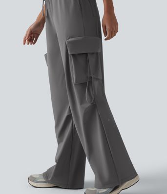 High Waisted Drawstring Quick Dry Cool Touch Workout Straight Leg Cargo Pants with Pockets-UPF40+