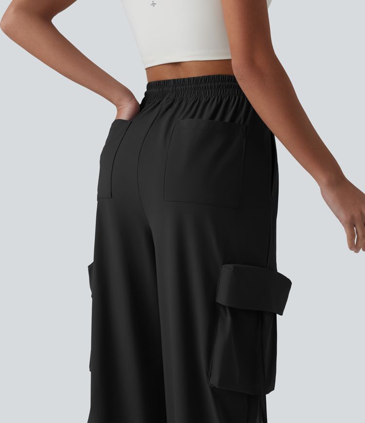 High Waisted Drawstring Quick Dry Cool Touch Workout Straight Leg Cargo Pants with Pockets-UPF40+