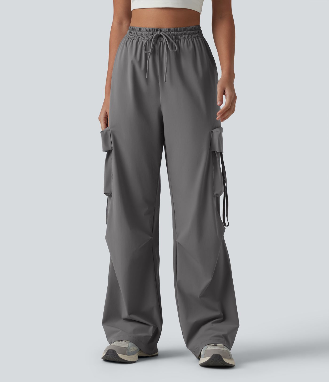 High Waisted Drawstring Quick Dry Cool Touch Workout Straight Leg Cargo Pants with Pockets-UPF40+