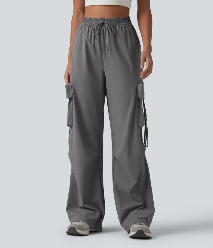 High Waisted Drawstring Quick Dry Cool Touch Workout Straight Leg Cargo Pants with Pockets-UPF40+
