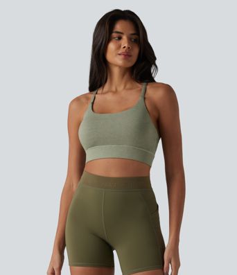 Medium Support Crisscross Backless Built-in Bra Heathered Workout Sports Bra