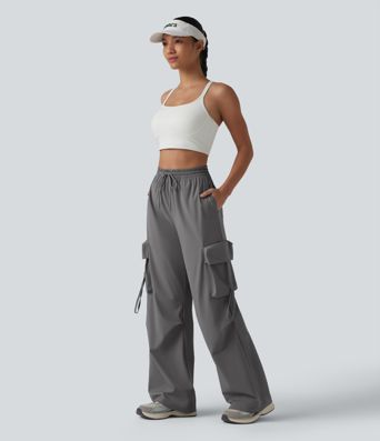 High Waisted Drawstring Quick Dry Cool Touch Workout Straight Leg Cargo Pants with Pockets-UPF40+
