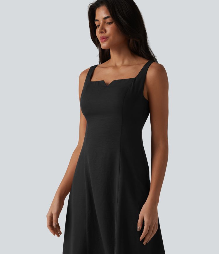 Square Neck Notched Shirred Midi Flowy Bridesmaid And Wedding Guest Dress