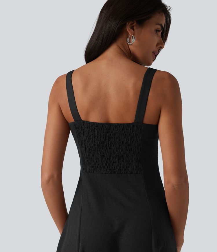 Square Neck Notched Shirred Midi Flowy Bridesmaid And Wedding Guest Dress