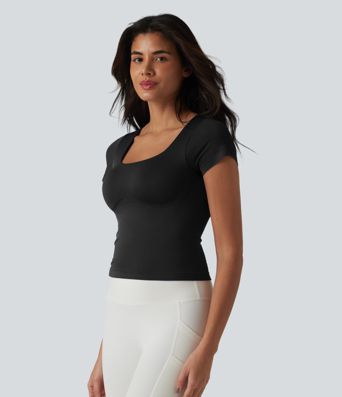 OneForm Seamless Flow Square Neck Short Sleeve Built-in Bra Yoga Sports Top