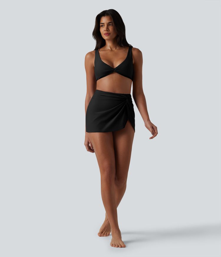 High Waisted Asymmetric Hem 2-in-1 Bikini Bottom Swimsuit with Pockets