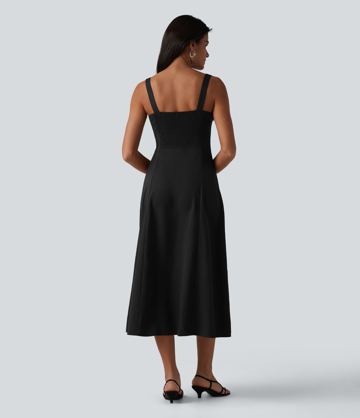 Square Neck Notched Shirred Midi Flowy Bridesmaid And Wedding Guest Dress