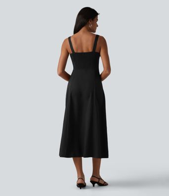 Square Neck Notched Shirred Midi Flowy Bridesmaid And Wedding Guest Dress