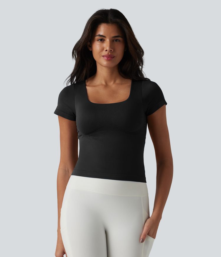 OneForm Seamless Flow Square Neck Short Sleeve Built-in Bra Yoga Sports Top
