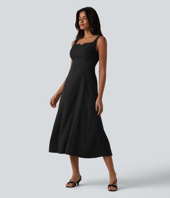 Square Neck Notched Shirred Midi Flowy Bridesmaid And Wedding Guest Dress