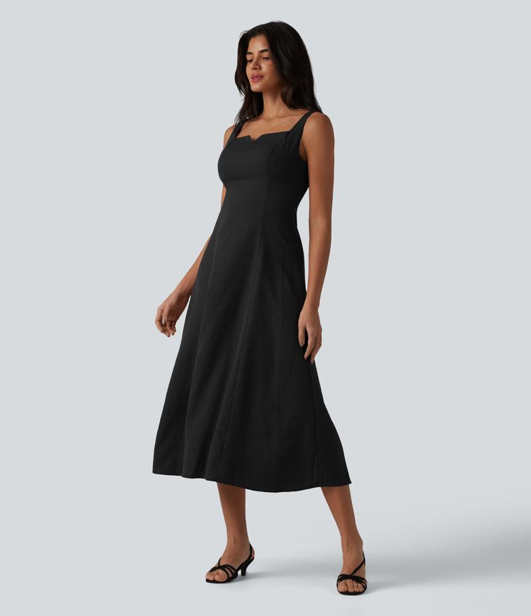 Square Neck Notched Shirred Midi Flowy Bridesmaid And Wedding Guest Dress