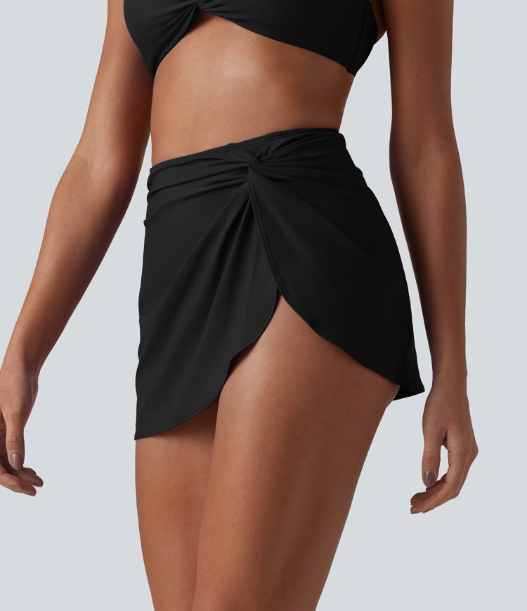 High Waisted Asymmetric Hem 2-in-1 Bikini Bottom Swimsuit with Pockets