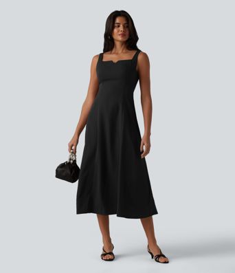 Square Neck Notched Shirred Midi Flowy Bridesmaid And Wedding Guest Dress