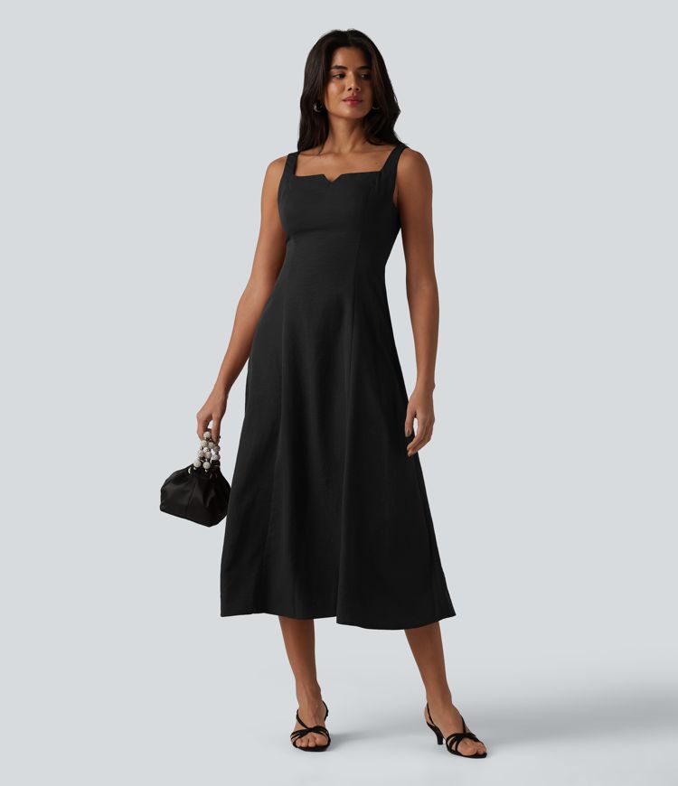 Square Neck Notched Shirred Midi Flowy Bridesmaid And Wedding Guest Dress