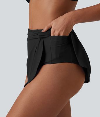 High Waisted Asymmetric Hem 2-in-1 Bikini Bottom Swimsuit with Pockets