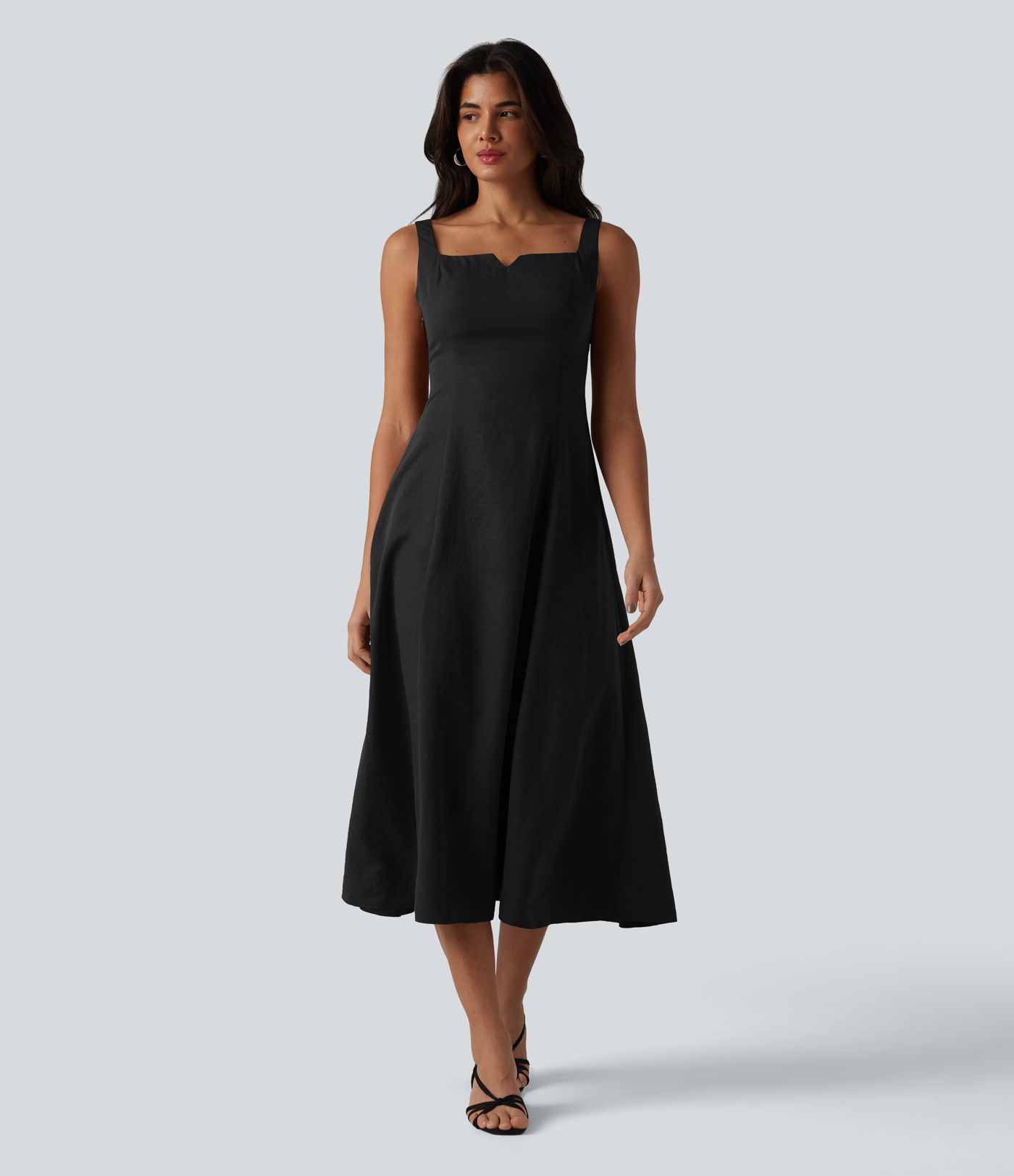 Square Neck Notched Shirred Midi Flowy Bridesmaid And Wedding Guest Dress