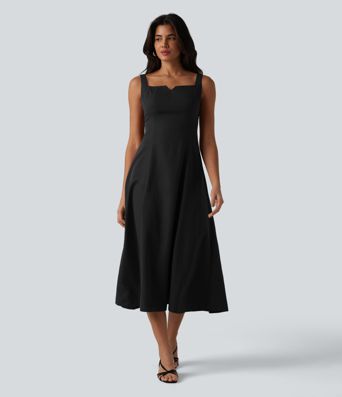 Square Neck Notched Shirred Midi Flowy Bridesmaid And Wedding Guest Dress