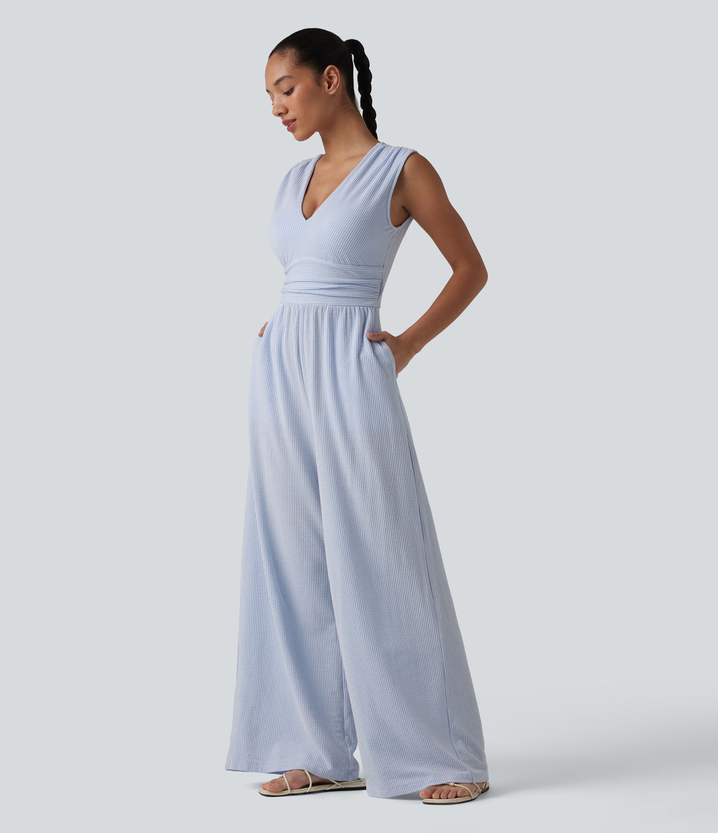 V Neck Sleeveless Built-in Bra Stripe Casual Jumpsuit with Pockets-Easy Peezy Edition