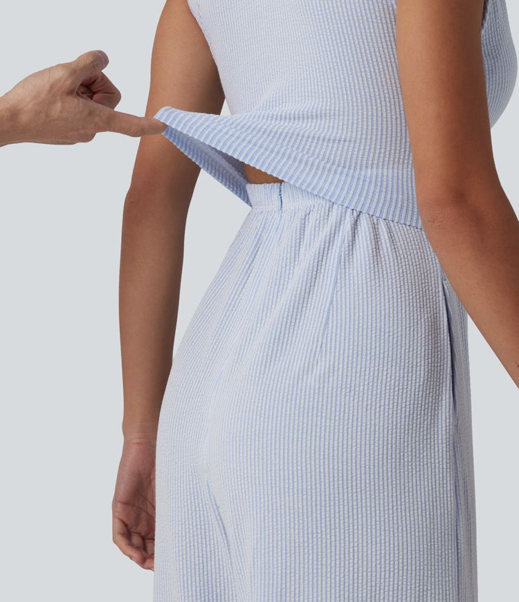 V Neck Sleeveless Built-in Bra Stripe Casual Jumpsuit with Pockets-Easy Peezy Edition