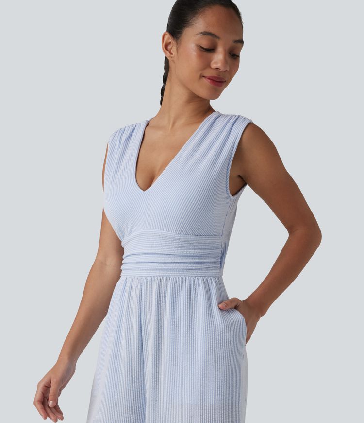 V Neck Sleeveless Built-in Bra Stripe Casual Jumpsuit with Pockets-Easy Peezy Edition