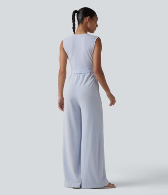 V Neck Sleeveless Built-in Bra Stripe Casual Jumpsuit with Pockets-Easy Peezy Edition