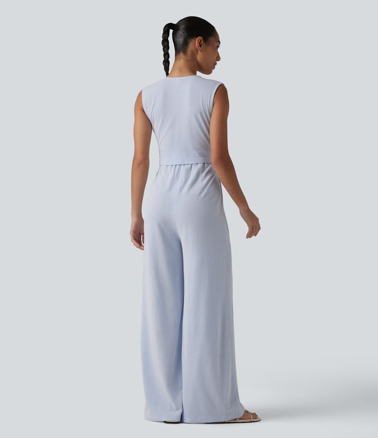 V Neck Sleeveless Built-in Bra Stripe Casual Jumpsuit with Pockets-Easy Peezy Edition