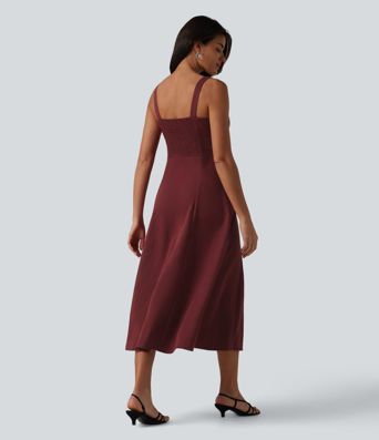 Vestido midi fluido para damas de honor e invitadas de boda, con escote cuadrado con muesca y fruncido (fruncido)