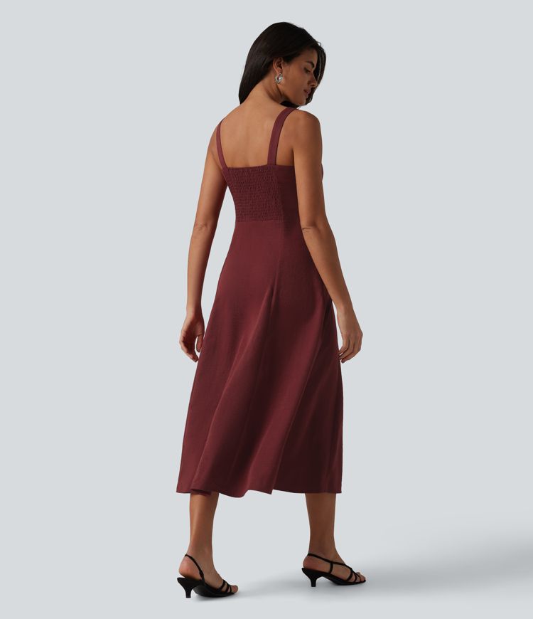 Vestido midi fluido para damas de honor e invitadas de boda, con escote cuadrado con muesca y fruncido (fruncido)