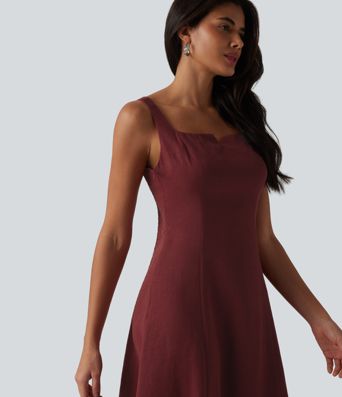 Vestido midi fluido para damas de honor e invitadas de boda, con escote cuadrado con muesca y fruncido (fruncido)