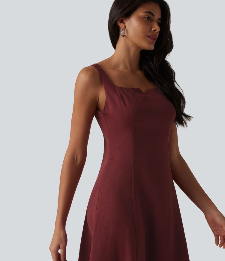 Vestido midi fluido para damas de honor e invitadas de boda, con escote cuadrado con muesca y fruncido (fruncido)