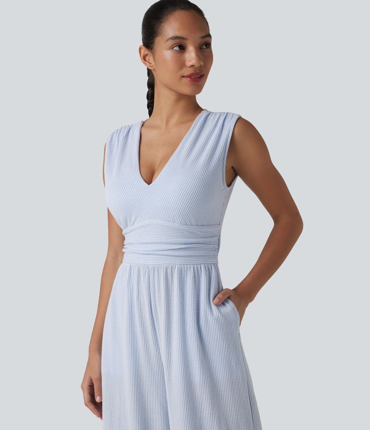 V Neck Sleeveless Built-in Bra Stripe Casual Jumpsuit with Pockets-Easy Peezy Edition