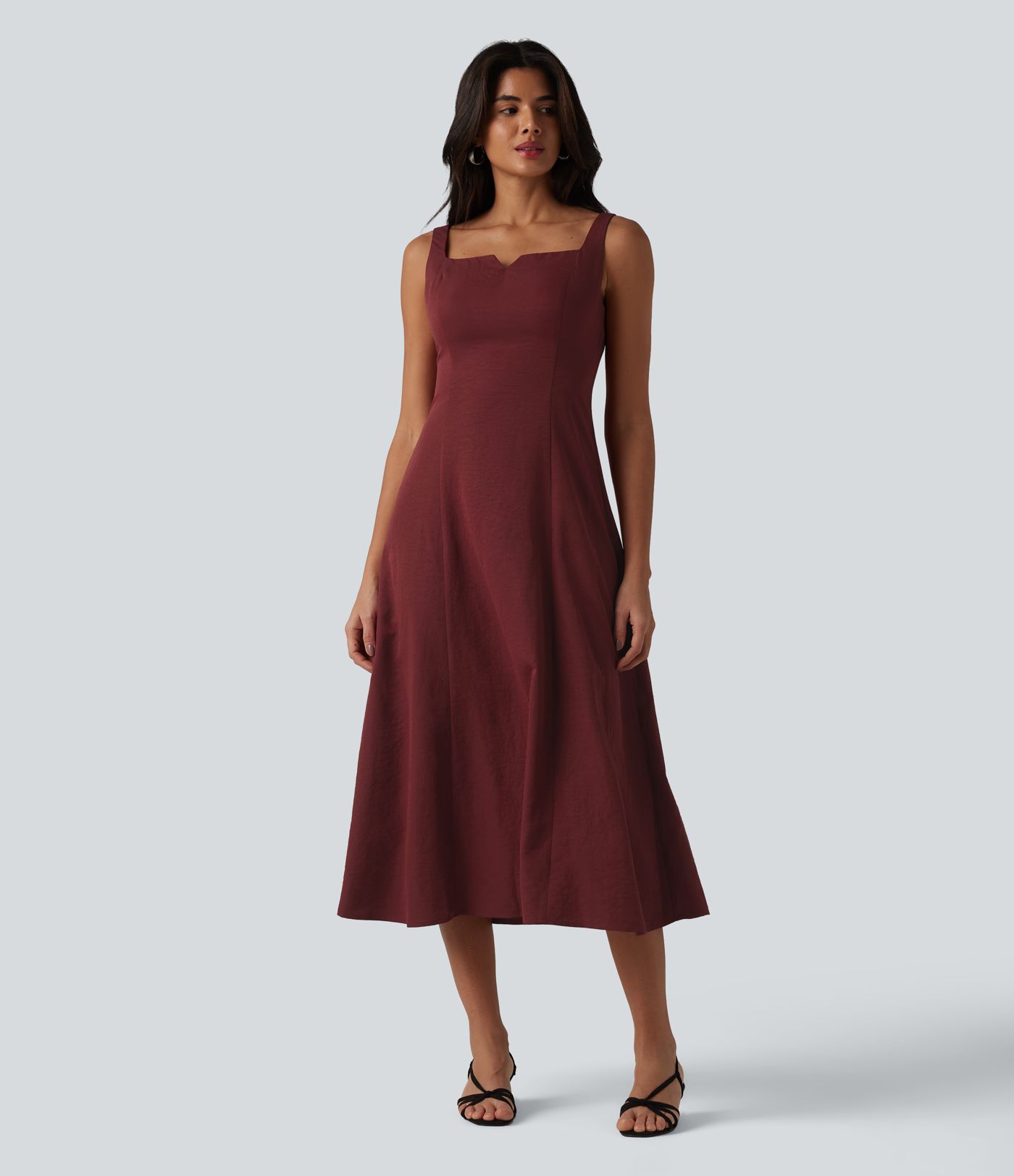 Vestido midi fluido para damas de honor e invitadas de boda, con escote cuadrado con muesca y fruncido (fruncido)