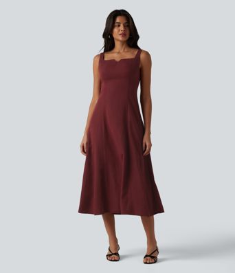 Vestido midi fluido para damas de honor e invitadas de boda, con escote cuadrado con muesca y fruncido (fruncido)