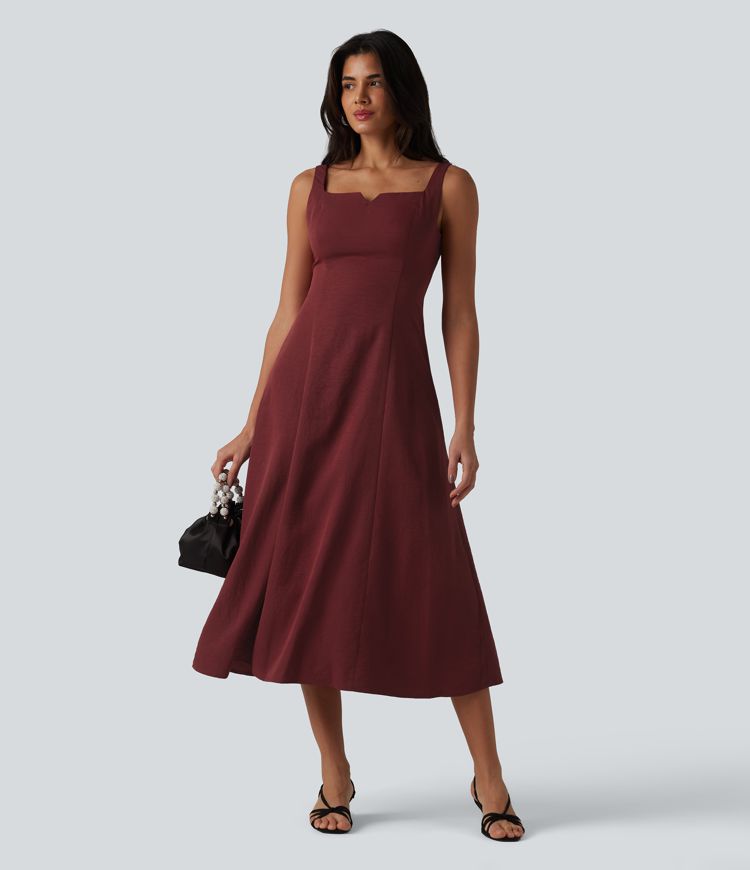 Vestido midi fluido para damas de honor e invitadas de boda, con escote cuadrado con muesca y fruncido (fruncido)