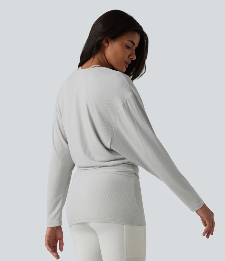 Light Mottled Grey U-neck Batwing Long Sleeve Ruched Yoga Top / 2