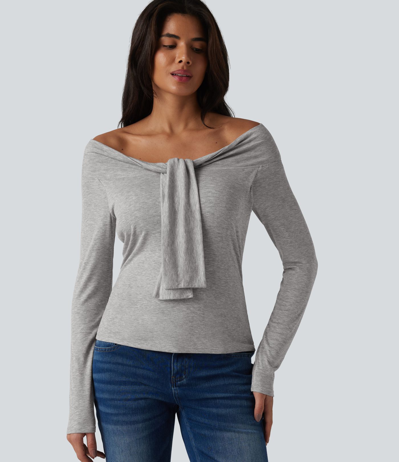 Ribbed Off-shoulder Tie-front Long Sleeve Built-in Bra Casual Top