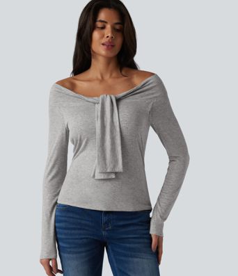 Ribbed Off-shoulder Tie-front Long Sleeve Built-in Bra Casual Top