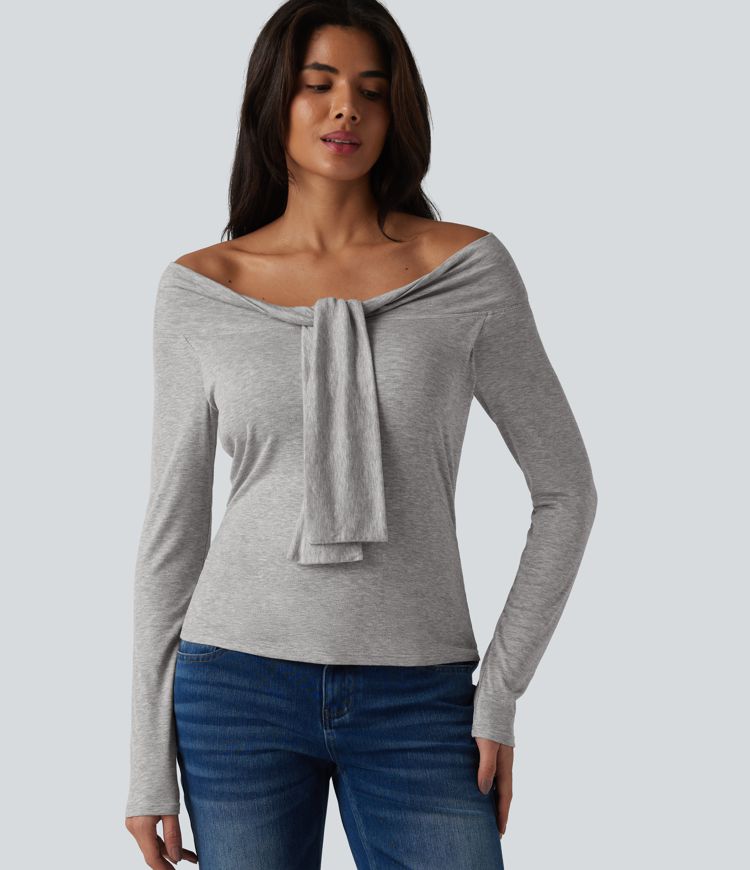 Ribbed Off-shoulder Tie-front Long Sleeve Built-in Bra Casual Top