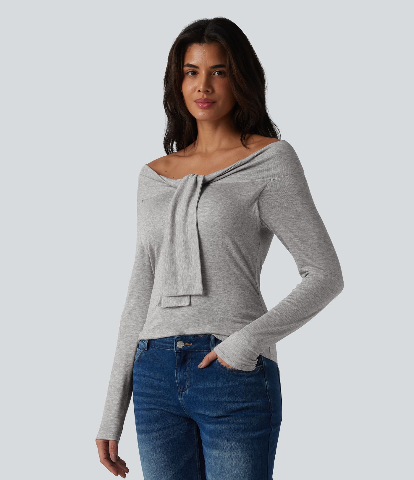 Ribbed Off-shoulder Tie-front Long Sleeve Built-in Bra Casual Top