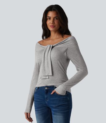 Ribbed Off-shoulder Tie-front Long Sleeve Built-in Bra Casual Top