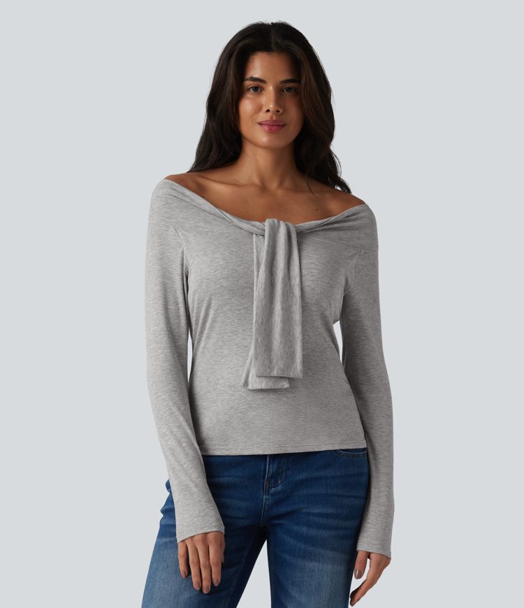 Ribbed Off-shoulder Tie-front Long Sleeve Built-in Bra Casual Top